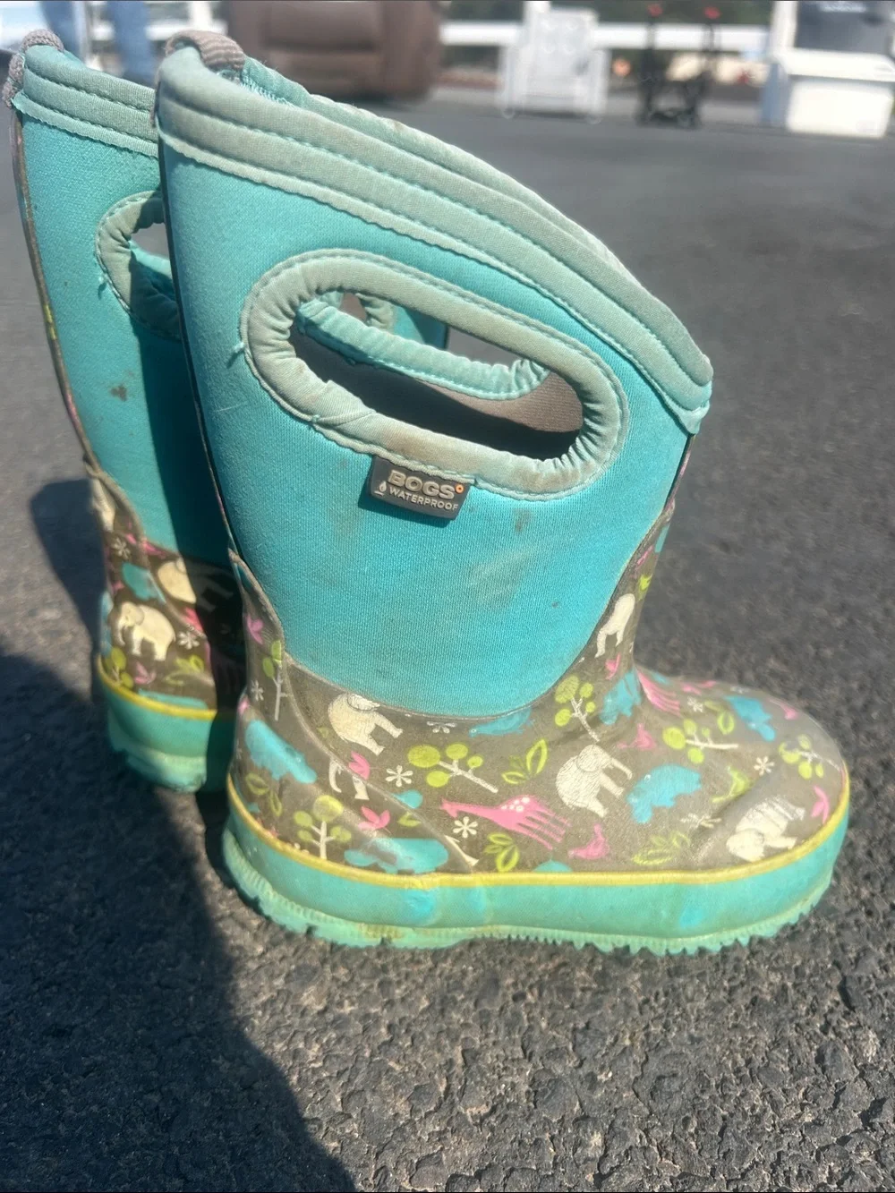 Bogs Kids Teal and Olive Animal Print Rain Boots